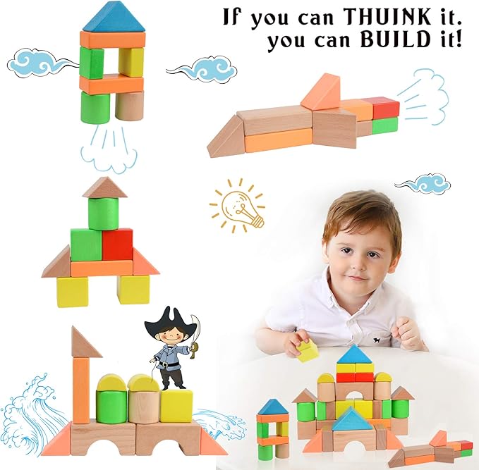 Large Wooden Building Blocks Set - Educational Preschool Learning Toys with Carrying Bag, Toddler Blocks Toys for 3+ Year Old Boy and Girl Gifts