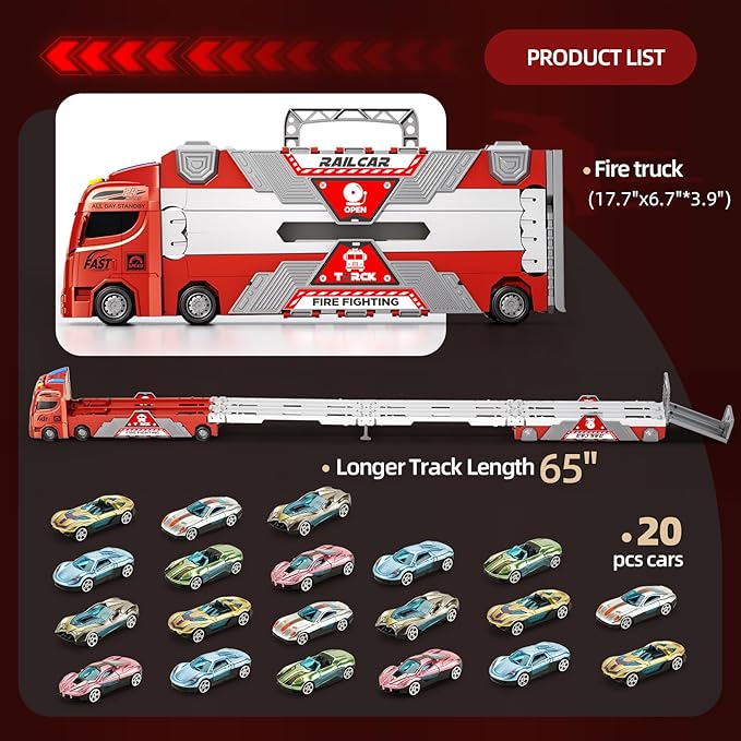 65-Inch Race Car Tracks and 20 Car Toys for Toddlers Boys Kids 1-3 4-7, Toy Trucks for Toddler 2 3 4 5 6 7 8 Years Old with Lights Sounds, Carrier Truck Toys Gift for Boys Girls Kids