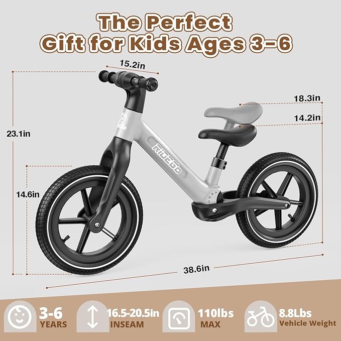 Ridego 14 Inch Balance Bike for Kids 3–6 Years, Lightweight Toddler Bike with Air Rubber Tires, Adjustable Seat, Durable Push Bicycle Gift for Boys & Girls