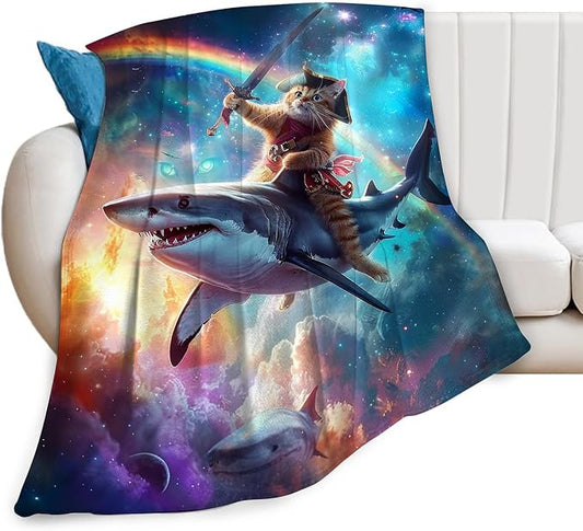 Funny Cat Blanket Fleece Soft Warm Plush Cat Shark Space Galaxy Throw Blanket Lightweight Plush Fuzzy Cozy Kitten Blankets for Boys Girls Kids Adult Suitable for Couch Sofa Bed 50"X40"