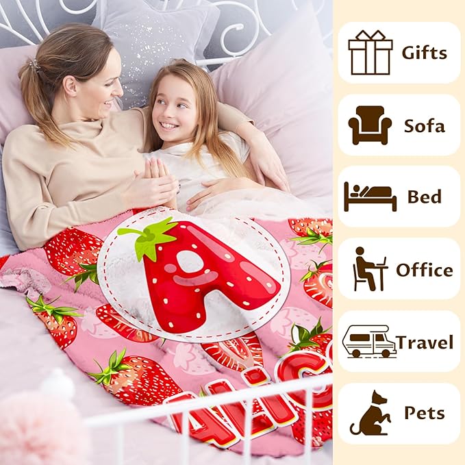Personalized Blanket for Girls Kids Toddlers, Custom Strawberry Throw Blanket Gifts with Initial Letter, 4 Sizes Optional Soft Bedding Blankets for Couch Sofa Bed