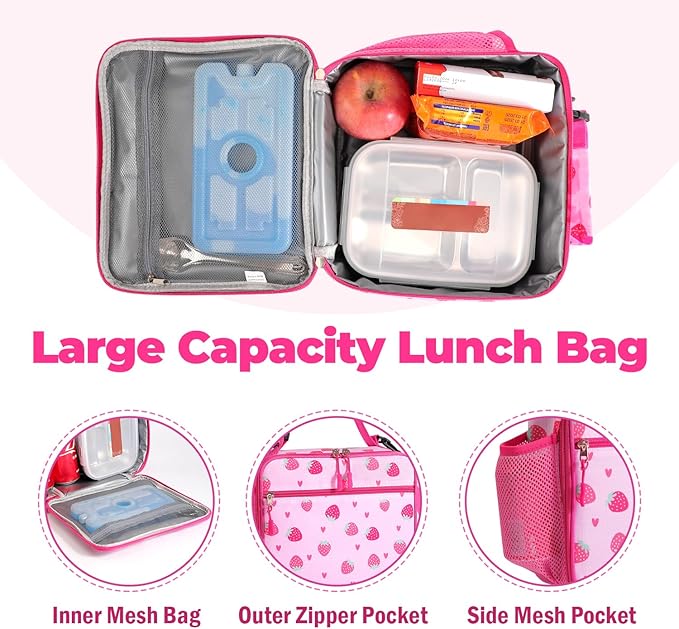 Kids Lunch Box Kids Lunch Bag for Girls Boys, Insulated Lunch Bag for Men with Shoulder Strap, Small Lunchbox for Girls School Travel Picnic (Pink, Strawberry)