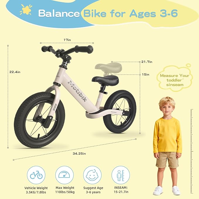Toddler Balance Bike 3 Year Old,12 Inch Inflatable Rubber Tires,No Pedal Kids Toy Bike for 3-6 Years Old,The Perfect First Bike 3-6 Boys Girls, Multiple Colors