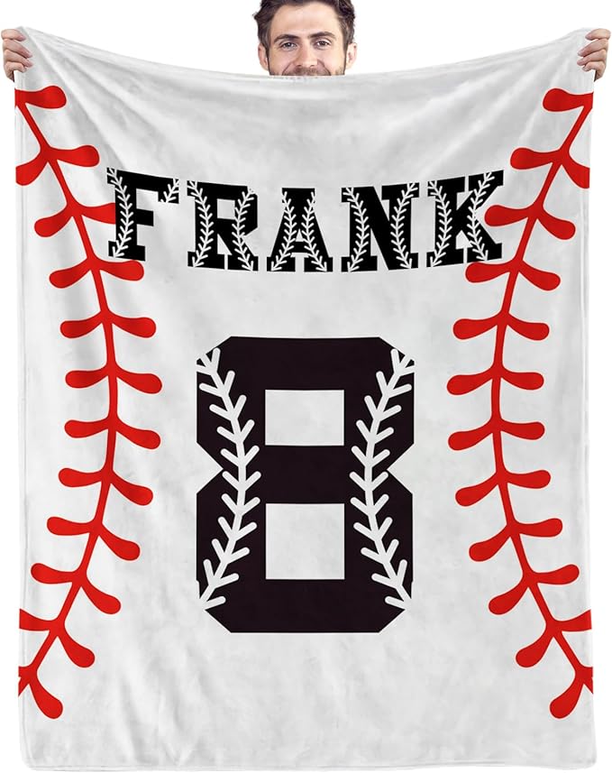 Personalized Baseball Blankets with Name Numbers, Custom Baseball Team Game Throw Flannel Blankets Stuff Gifts for Boys Sports Lover Fans Kids Adult