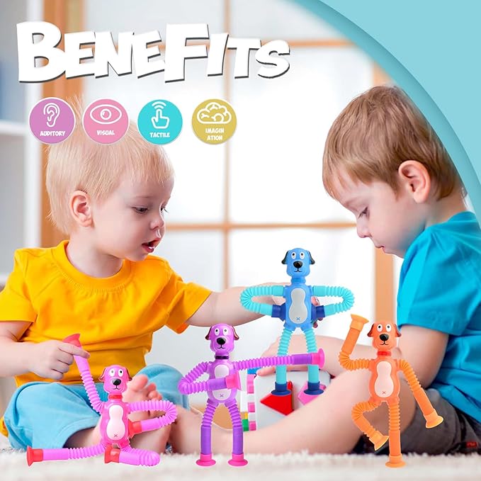 4Pcs Telescopic Suction Cup Puppy Toys,Sensory Toys for Kids 3-5 5-7,Toddler Toy,Fidget Toy,Toddler Travel Essential for Airplane,Pop Tubes, Christmas Stocking for Kids Boys Girls J