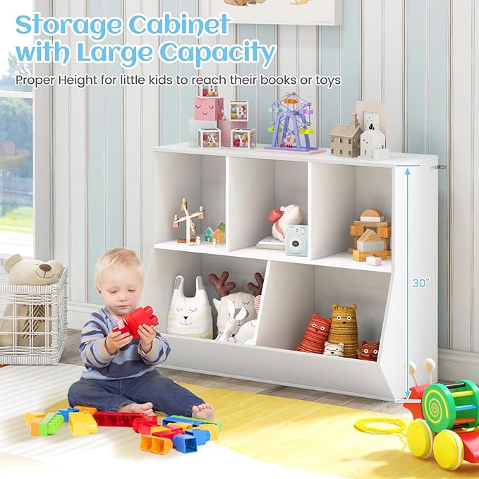 Costzon Toy Organizers and Storage with Bookshelf, Wooden 5 Cubby Children’s Book Shelf Toy Storage Cabinet Bookcase for Kids Room, Playroom, Kindergarten, Nursery (White)