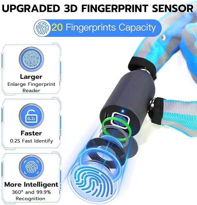 Heavy Duty Anti Theft Chain Lock, Anweller 3.3FT Long Keyless Fingerprint Bluetooth Electronic Digital Lock for Bike Scooter Outdoor Fence Gate, Electric Scooter Bike Accessories for Adults - Blue