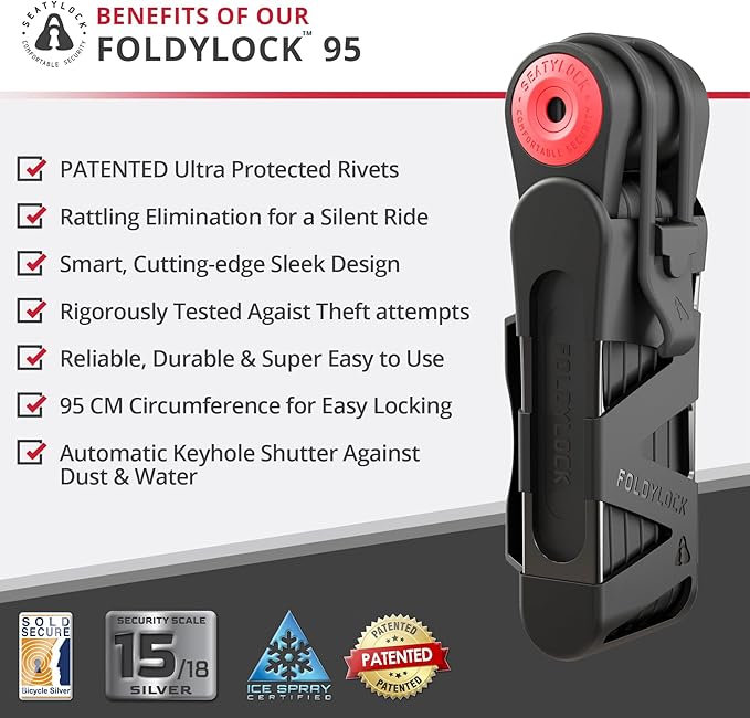 Seatylock Foldylock 95 Folding Bike Lock - Patented High Security Sold Secure Silver Bicycle Lock - Heavy Duty Anti Theft Secure Guard with Keys & Case Mount - 37.4"