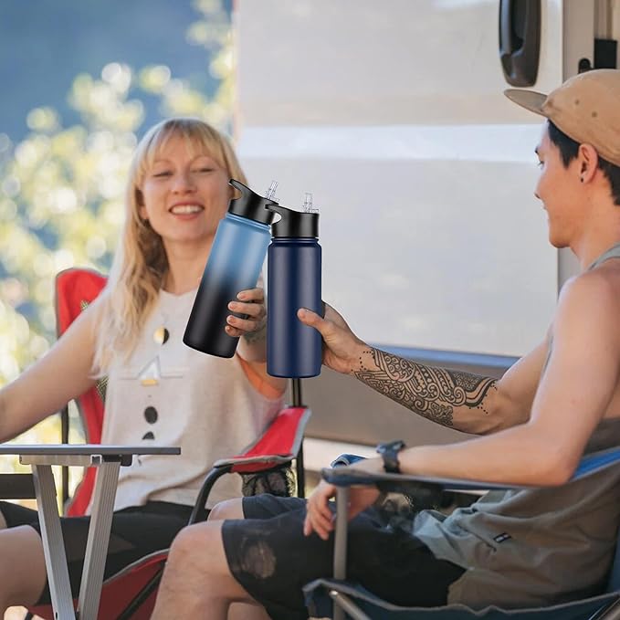 24 oz Insulated Water Bottle Bulk 8 Pack, Stainless Steel Sports Water Bottles with Straw Lid & Wide Mouth Lids, Double Walled Vacuum, Leak Proof, Navy Blue