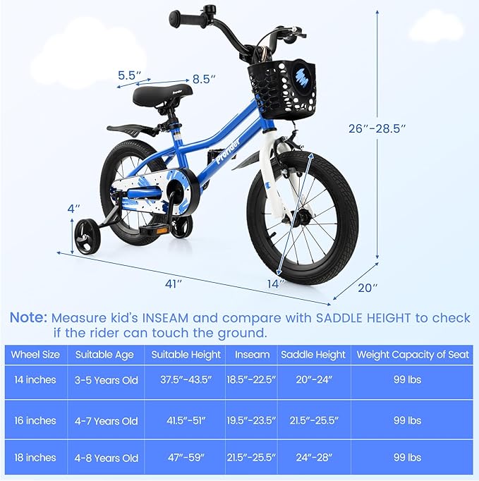 BABY JOY Kids Bike, 12 14 16 18 Inch Children Bikes for Boys Girls Age 3-8 Years w/Training Wheels, Handbrake, Coaster Brake & Removable Basket, Kids Bicycle of Multiple Colors