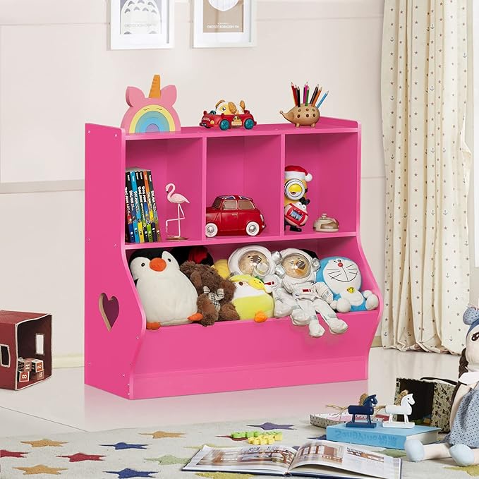 Lerliuo Kids Toy Storage Organizer, Children Small Bookcase and Bookshelf, Toddler 4 Cubby Toy Storage Cabinet, Toy Shelf for Playroom, Bedroom, Living Room, Nursery, School 29.53'' H (Pink)