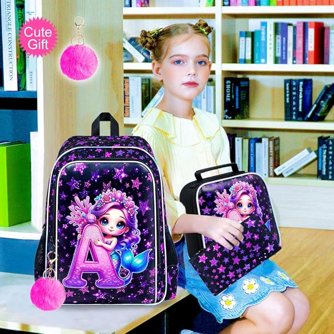 CCJPX 16" Mermaid Backpack for Girls, 3Pcs Kids Bookbag with Lunch Box, Water Resistant Elementary School Bag for Kindergarten Preschool Toddler (Black)