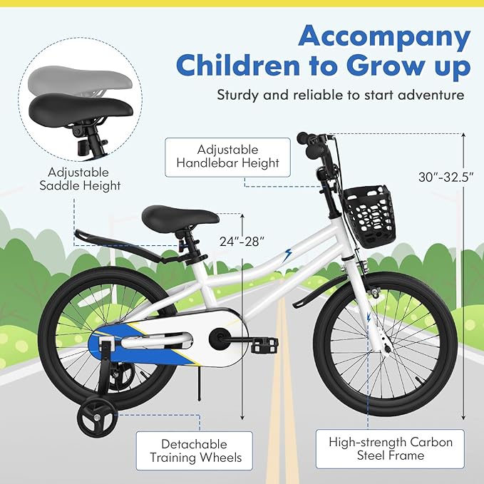 COSTWAY Kids Bike, 12 14 16 18 Inch Toddler Bike for Boys & Girls Aged 3-8 Years Old, Kids Bicycle w/Removable Training Wheels, Handbrake & Coaster Brake, Basket, Bell