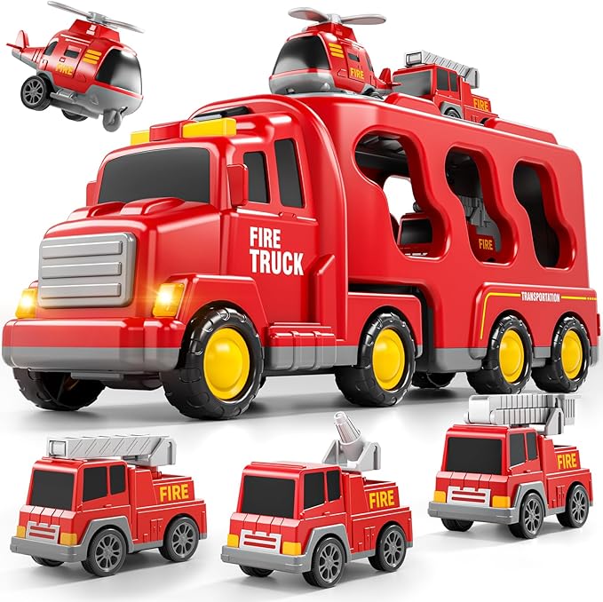 Bennol 5-in-1 Fire Trucks Toy Set for Boys Age 1-3 3-5, Fire Car Truck for Toddlers 1 2 3 4 5 6 Years Old, Christmas Birthday Gift Car Sets with Light Sound