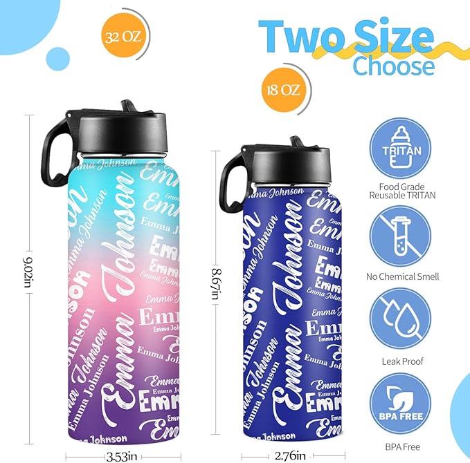 M YESCUSTOM Personalized Water Bottles for Kids with Straw Lid Custom Sports Water Bottle for School Personalized Names Stainless Steel Double Wall Insulated Cup Customized Gifts for Boy Girl Style13