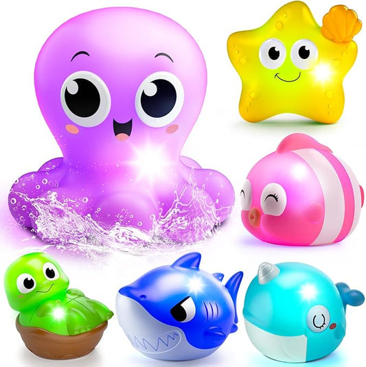 6 Packs Light Up Bath Toys for Kids Ages 1-3, Sea Animals Bathtub Toys for Baby 12-18 Months Toddlers 2-4, Water Pool Toys for 1 2 Year Old Boy Girl Gifts