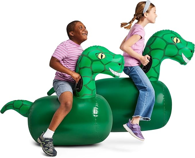 Hearthsong Hop N Go Inflatable Dino Riding Bouncy Hopping Toys for Kids Ages 5+ - Ride On Bouncer Animal Hopper Jumping Toys for Outdoor Games