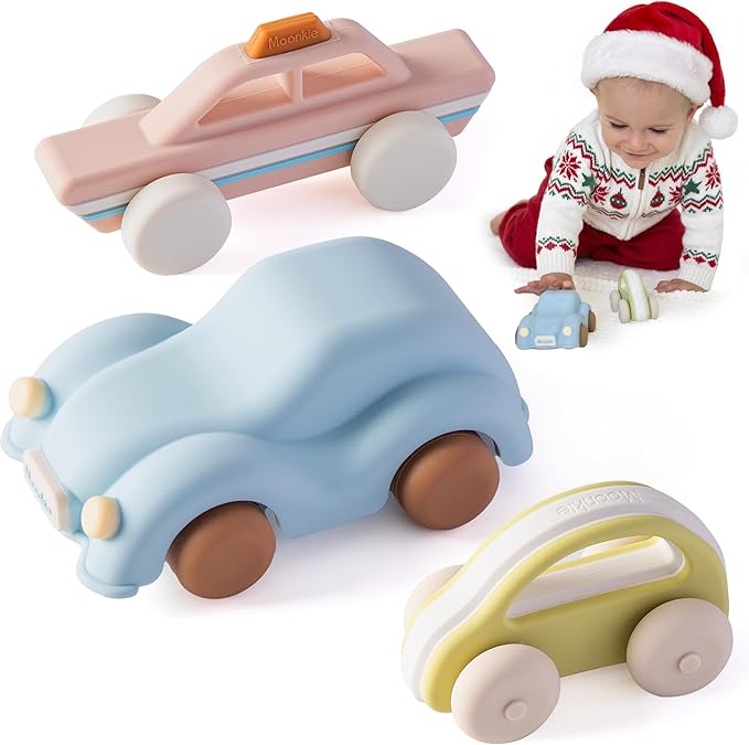 Moonkie Food Grade Silicone Toy Cars for Toddlers 1-3, Push and Go Baby Car Toys 6-12 Months+, One-Piece Design Infant Toys, Birthday Gifts for 1 Year Old Boy Girl, Easy to Clean & Grasp, 3 Pack