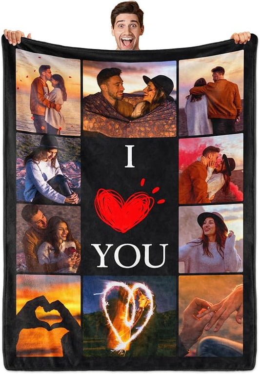 Custom Blanket with Photos, Personalized Blankets with Picture, I Love You Girlfriend Boyfriend Couples Gifts, for Birthday Christmas Women Men Adult Kids Mom Dad Wife Husband