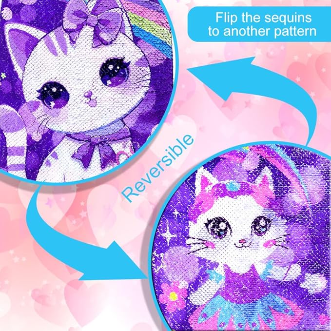 CCJPX 16" Cat Backpack for Girls, 3Pcs Kids Preschool Bookbag, Cute Water Sequin Resistant School Bag for Teen Kindergarten Toddler (Purple)