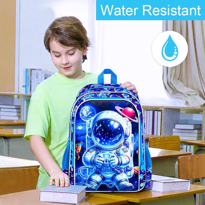 16" Space Backpack for Boy, 3Pcs Astronaut Bookbag for Elementary Preschool Kindergarten, Kids School Backpacks with Lunch Box (Blue)