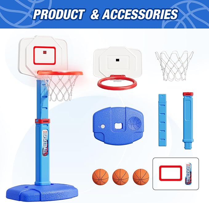 Toddler Basketball Hoop with Electronic Scoreboard/LED Rim/3 Balls, Adjustable Height Indoor Mini Basketball Hoop for Kids 1-3, Outdoor Poolside Sport Toy, Birthday for Boys Girls