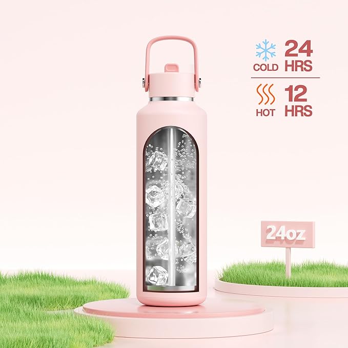 POWCAN 24 oz Water Bottle Insulated: Leakproof, Keep Cold 24H, Car Cupholder Friendly, Top Handle, Lightweight, Metal Water Bottle with Straw for Outdoors, Trip, Fitness, Gift, Running (Cotton Candy)