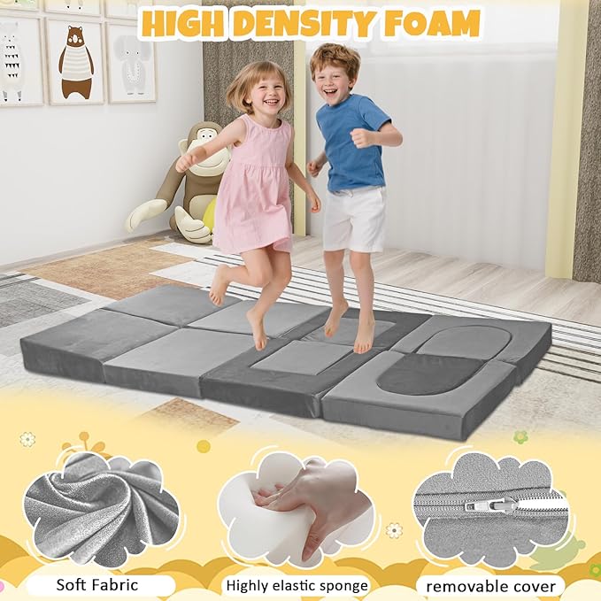 12Pcs Modular Kids Play Couch Multifunctional Foam Toddler Sofa Convertible Kids Sofa Playroom Bedroom Furniture Floor Foam Explorer Couch with Building Fort Feature for Boys and Girls (light gray)