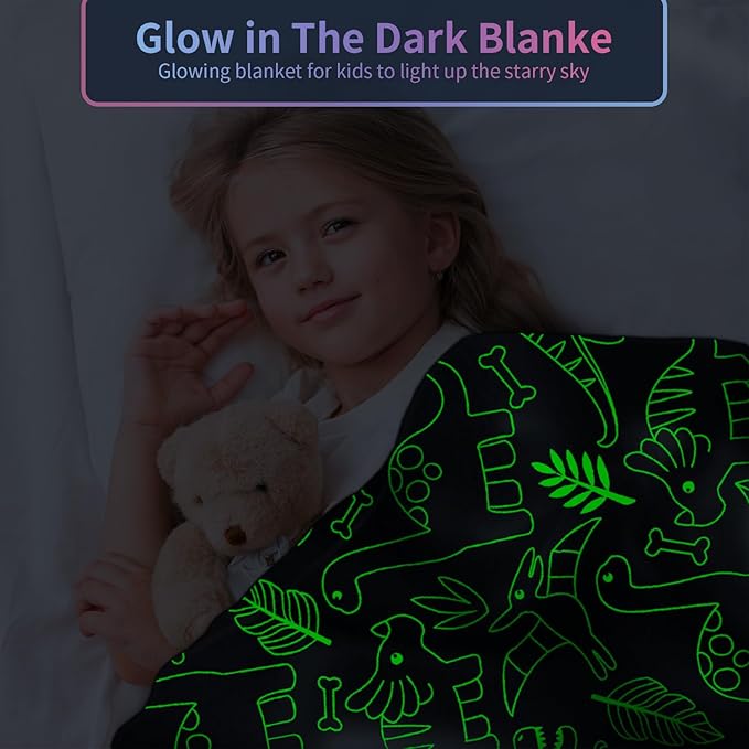 Personalized Dinosaur Glow in The Dark Blanket, 40"x50", Soft Fleece Throw for Boys and Toddlers