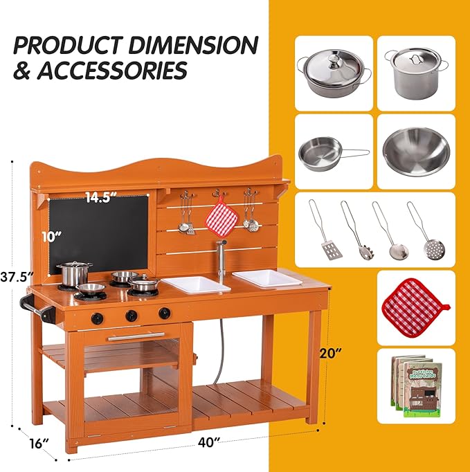 Kitchen Playset for Kids, Outdoor Wooden Mud Kitchen Set w/2 Removable Sinks & Spray Pipe, Backyard Garden Toddler Pretend Play Kitchen w/Blackboard, Kitchenware, Stove, Gift for Boys Girls