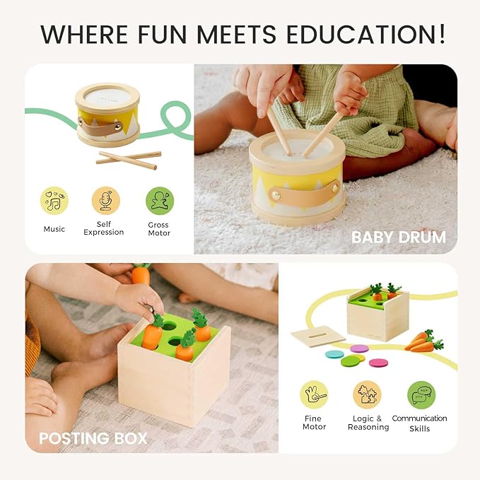 Tiny Land Montessori Toy Set for Baby 13-15 Months Explorer Play Kit - 7-in-1 Baby Drum, Carrot Harvesting and Coin Boxes, Stacking and Color Matching Plate, Size Matching Puzzle, Color Board Book
