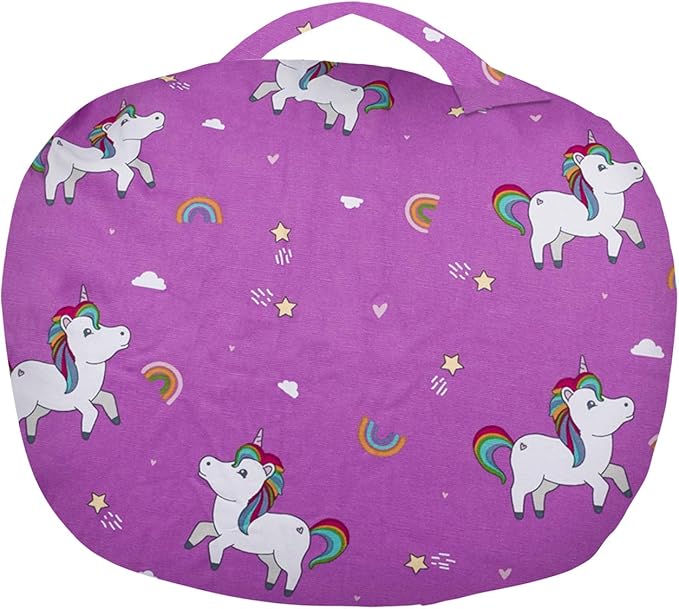 Posh Creations Kids Stuffed Animal Storage Bean Bag Chair Cover - Childrens Toy Organizer, Medium-27in, Canvas Unicorn and Rainbows on Purple