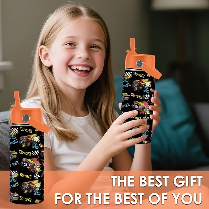 Truck Gifts for Kids - 16 Oz Kids Water Bottle with Straw Lid, Stainless Steel Insulated Tumbler, Leak Proof, BPA-Free, for Girls, School, Travel - Truck Lovers Children Birthday Gifts Cups(1pc)