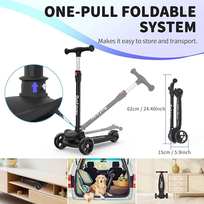 BELEEV A8 Scooter for Kids Ages 3-12, 3 Wheel Folding Scooter for Toddlers Girls Boys, LED Light-Up Wheels, 4 Adjustable Height, Lean to Steer, Extra Wide Wheels, Three Wheel Kick Scooter for Children