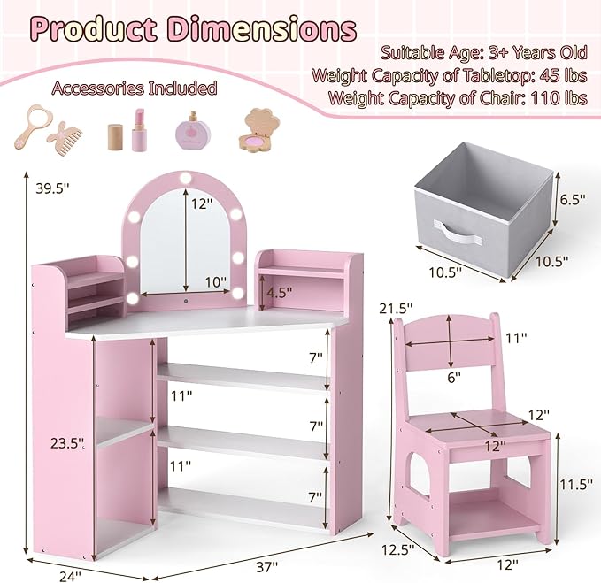 Costzon Kids Vanity with Lights, Corner Vanity Desk with Mirror, Storage Shelves, Wooden Princess Toddler Makeup Dressing Table, Kids Vanity Table and Chair Set for Little Girls (Pink)