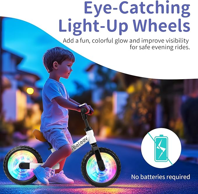 BELEEV C2 Toddler Balance Bike for 2-5 Year Olds with LED Light-Up Wheels, Adjustable Seat & Handlebar & Footrest, 12 inch No-Pedal Training Kids Push Bicycle - First Birthday Gift for Boys & Girls