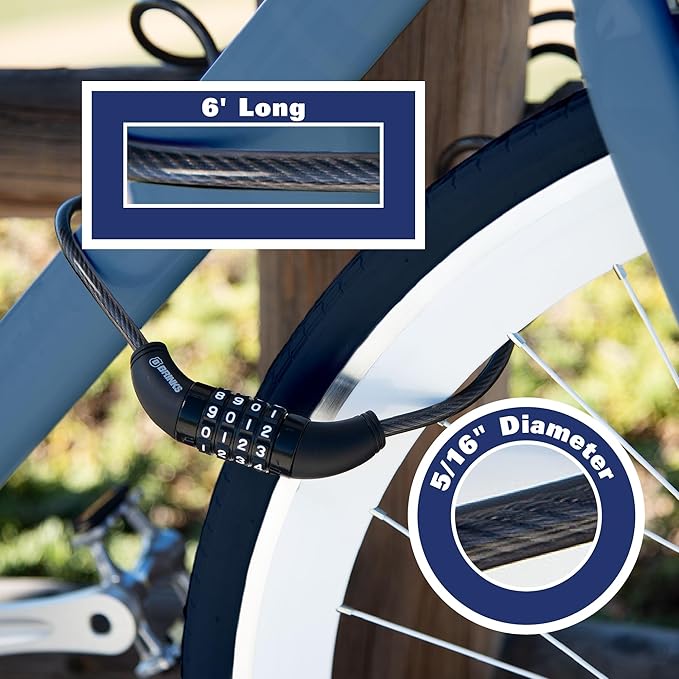BRINKS 6 ft Outdoor Bike Lock Cable, Thick, Anti Theft Self-Coiling Design, Resettable 4-Dial Combination, Heavy-Duty Steel, 5/16" Weather-Resistant Vinyl Coating for Bikes (5/16" 1PK, 6FT)