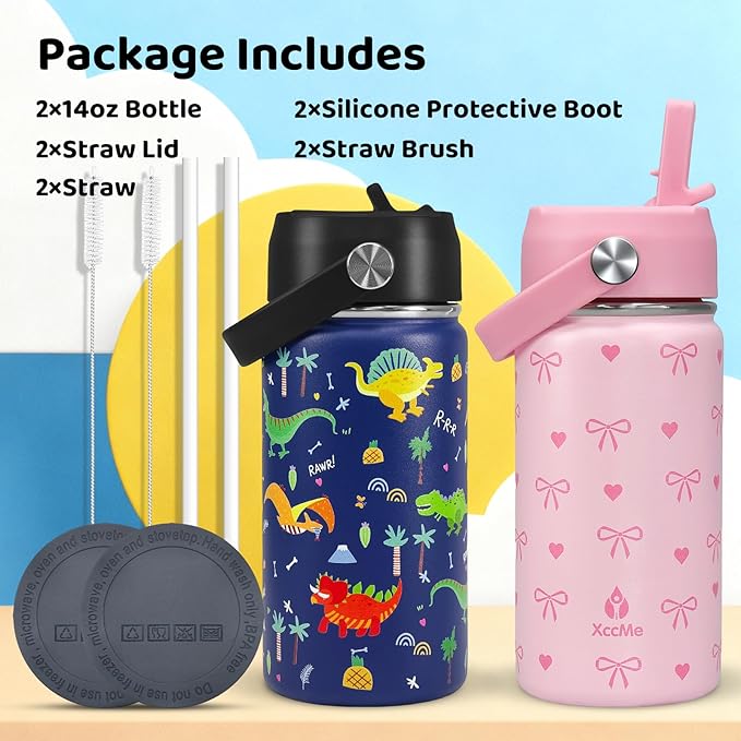 2Pack Kids Water Bottle With Straw Lid,14 oz Stainless Steel Travel Bottle,Double Wall Leak Proof Kids Cup,Insulated Tumbler for Toddlers,Metal Bottle for School Boys Girls(Bow+Dinosaur)