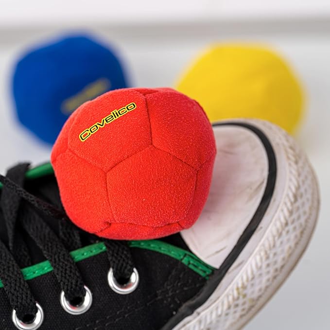 Footbag Hacky Set of 3 for Kids, Teens & Adults. Yellow, Blue & Red Sack - Each 2.28 inch, 1.6oz, Durable Dual Layered Synthetic Suede, Instructions & Stylish Bag, Solo or Group Footbag Game
