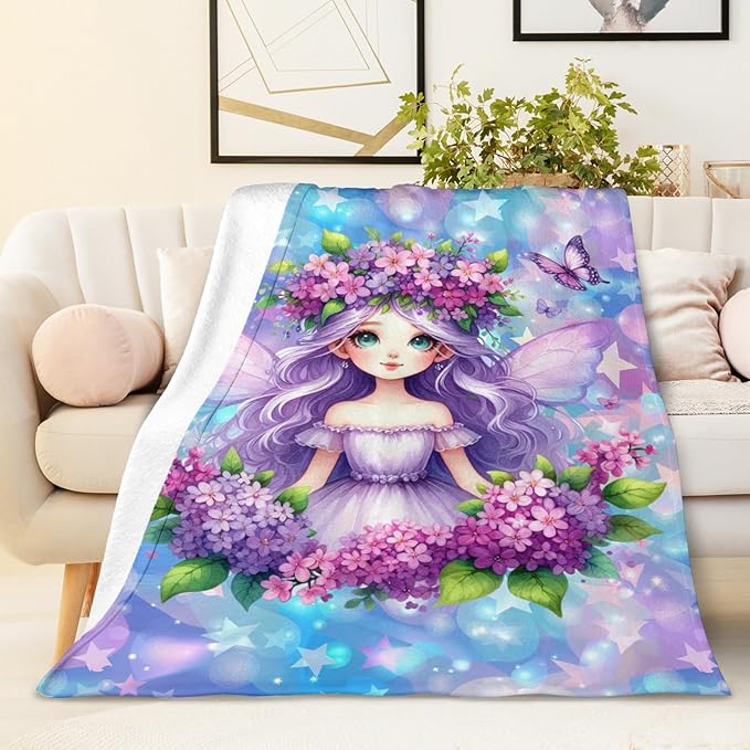 Girls Blanket for Kids Fairy Blankets Gift for Fairy Lovers, Cute Cozy Soft 80 x 60 Inches Flannel Throws for Travel Bed Living Room Garden Sofa