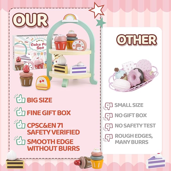 Wooden Cake Toys Tea Party Set, Desserts Food Toy with Cupcake Stand, Kids Pretend Play Kitchen Accessories, Wooden Play Food Set Toy Baking Gift for 3 4 5 Years Old Girls Boys