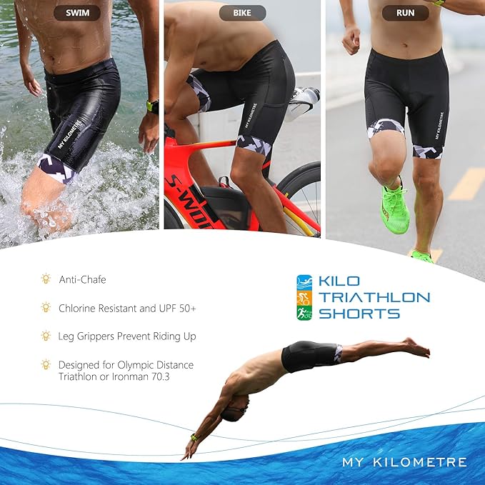 MY KILOMETRE Mens Triathlon Shorts with Adjustable Drawstring Easy Reach Leg Pockets Chamois for Long-Distance Tri Race