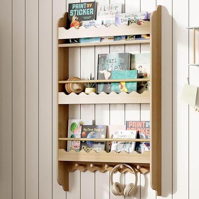 Treocho Kids Bookshelf, 3-Tier Wall Mounted Book Shelf, Kids Bookshelf and Toy Storage for Living Room, Bedroom and Nursery, Natural