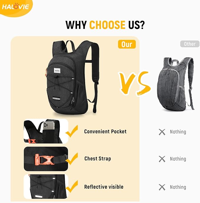 HALOVIE 15L Foldable Hiking Backpack Phone Pocket Lightweight Travel Daypack Shoulder with Chest Strap Small Packable Pack for Walking Women Men (Black)