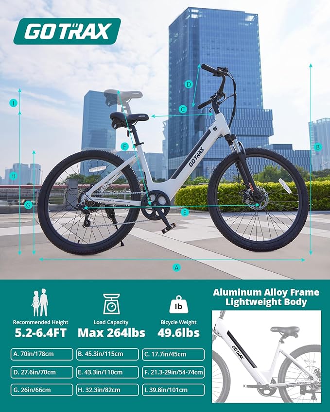 Gotrax Dolphin 26" Electric Bike, Max Range 30Miles(Pedal-assist1) & 20Mph Power by Peak 500W, 5 Pedal-Assist Levels & Front Suspension, 7-Speed&Boost Mode, City E-Bike for Adult, Step-Thru Bicycle