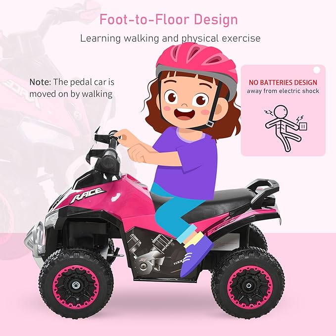 Aosom NO Power Kids Ride On Push Car, Ride Racer, Foot-to-Floor Sliding Car, Walking ATV Toy with Music, Lights, for 1.5-3 Years Old, Pink