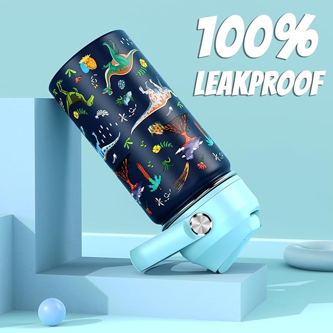 14oz Kids Insulated Water Bottle with Straw Lid - 18/8 Stainless Steel Kid Cup Travel Tumbler Double Wall Vacuum Leak Proof Portable Toddler Water Bottle (Dinosaur)