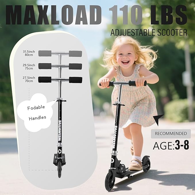 Kick Scooter for 3+Years Old Boys & Girls Lightweight, Foldable, Aluminum Frame, and Adjustable Handlebars, Rear Brake, and Flashing Light up Wheels