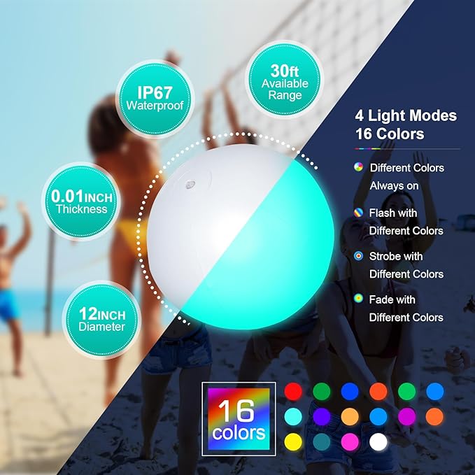 Pool Toys, LED Beach Ball, Glow in Dark Party Supplies, 4 Pack Inflatable Light up Ballon 12'' Floating Pool Light with Remote 16 Color 4 Mode