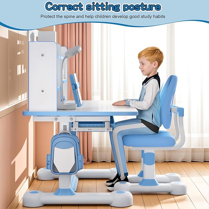 Kids Desk and Chair Set, 2025 Upgraded Height Adjustable Toddler Desk with 50-Degree Tiltable Desktop & Bookshelf & Storage Drawer, Ergonomic Kids Study Desk and Chair Set for Boys Girls Blue